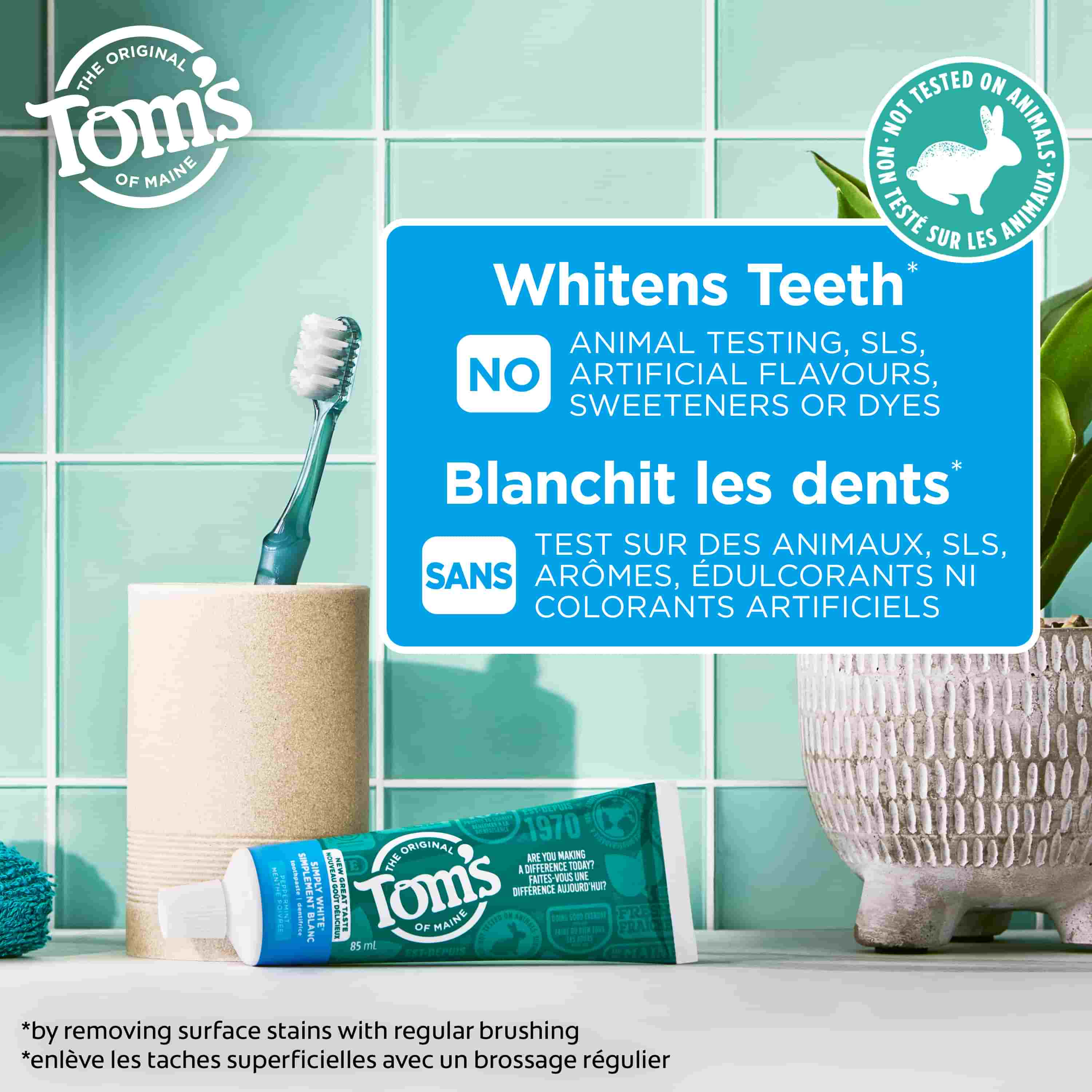 Front view of Tom’s of Maine Simply White Fluoride Free Toothpaste, Peppermint carton showing teal box design and bold blue Simply White branding.