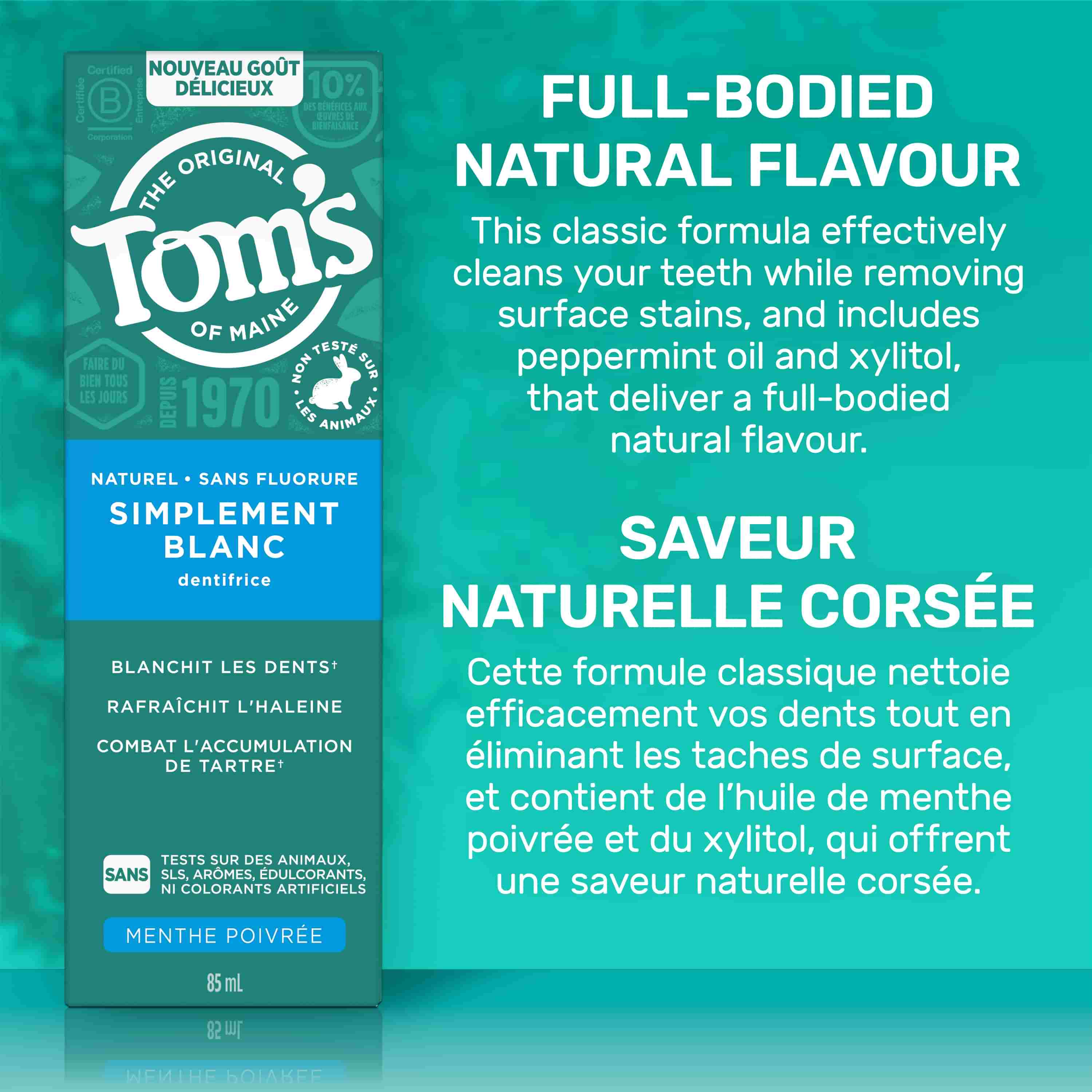 Tom’s of Maine Simply White Fluoride Free Toothpaste, Peppermint box shown upright with “Full-Bodied Natural Flavour” message.